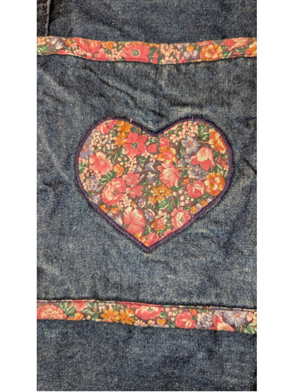 Unbranded Denim Tote Bag One Size Blue Pink Floral Heart - Picture 2 of 6